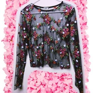 Black Mesh Long Sleeve Top with Floral Embroidery